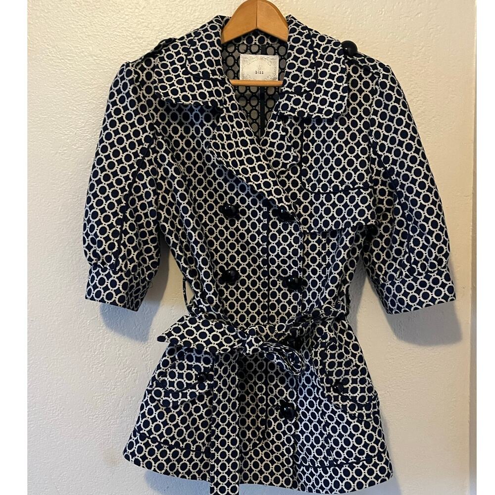 Women's Bizz Geographic Mod Navy White Tailored Button Jacket Coat with Tie Sz M